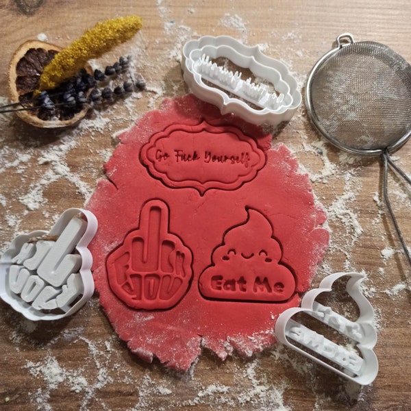 Funny Rude Cookie Cutter Set; “Poop Eat Me - Middle Finger - Go F*ck Yourself”, for Adults Funny / Humour / Insults, 3D STL Digital Download