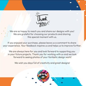 Puede incluir: Un dise&ntilde;o gr&aacute;fico colorido con las palabras "Thank You" en un estilo manuscrito. El dise&ntilde;o incluye texto que expresa gratitud por elegir sus productos y fomenta la retroalimentaci&oacute;n. El fondo presenta formas naranjas, azules y blancas.