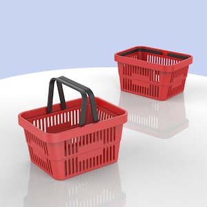 May include: Two red plastic shopping baskets with black handles. One basket is upright and the other is lying on its side.