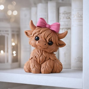 Höglandsko-figur med rosett | Baby Chonky Cow-dekor | Kawaii bondgårdshylldekor | 3D STL-fil - Digital nedladdning