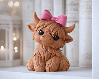 May include: A brown figurine of a Highland cow with a pink bow on its head. The cow has large, dark eyes and a fluffy coat. The figurine is sitting on a white shelf, with blurred books in the background.