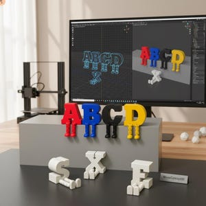 May include: A display of colorful 3D-printed letters, each with attached legs. The letters A, B, C, and D are in red, blue, black, and yellow, respectively. Additional white letters are also present. A computer screen displays a 3D design.