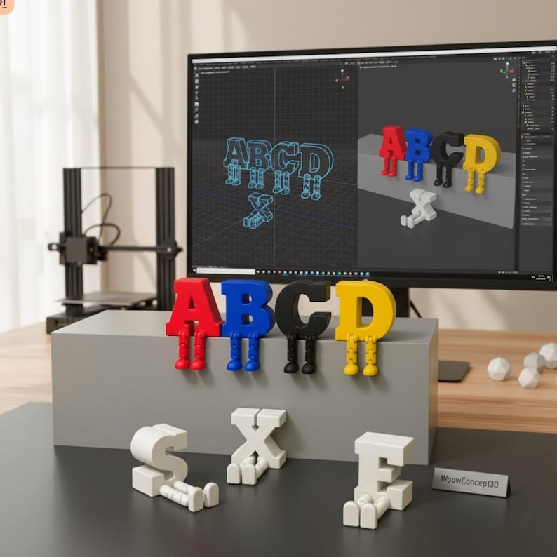 May include: A display of colorful 3D-printed letters, each with attached legs. The letters A, B, C, and D are in red, blue, black, and yellow, respectively. Additional white letters are also present. A computer screen displays a 3D design.