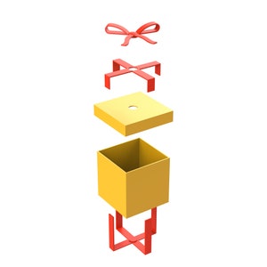 May include: A disassembled yellow gift box with a red ribbon and red metal clasps. The box is open and the lid is separate from the base.