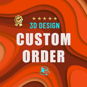 Może przedstawiać: Abstrakcyjne tło w kolorze czerwonym i pomarańczowym z tekstem "3D DESIGN CUSTOM ORDER" w kolorze białym. Widoczna jest złota ocena gwiazdkowa z pięcioma gwiazdkami i złota ikona znacznika wyboru.