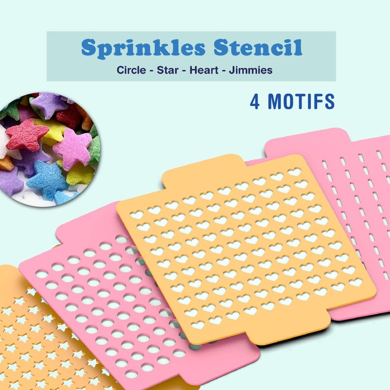 3D Sprinkles Stencil Set, 4 Motifs (Circle, Star, Heart, Jimmies) for Cake, Cookie - Fondant Decoration, 3D STL Digital Download image 1
