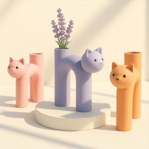 May include: Three ceramic cat-shaped vases in pink, purple, and orange. The purple vase has a bouquet of lavender flowers.