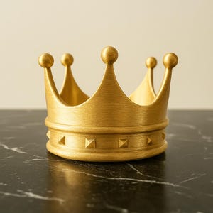 May include: A gold-colored crown with a textured surface and a row of small, pointed details around the base.