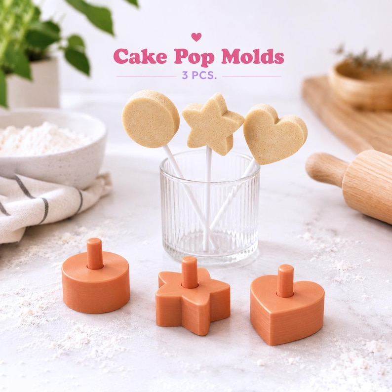 Conjunto de 3 moldes 3D para cake pops: estrela, coração e redondo. Ideais para confeitaria e decoração de biscoitos. Arquivo STL 3D pronto para impressão. imagem 1