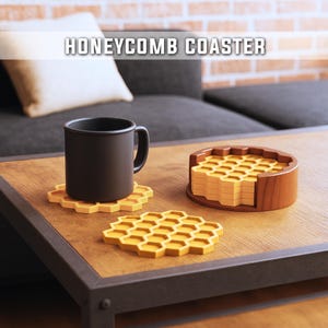 Juego de posavasos de panal (4 unidades, con soporte), diseño de abejas, decoración del hogar, regalo especial, archivo STL 3D, descarga digital