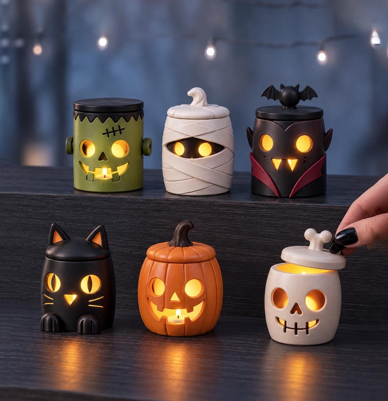 Pu&ograve; includere: Una collezione di sei piccoli portacandele cilindrici a tema Halloween, raffiguranti un mostro di Frankenstein verde, una mummia bianca, un vampiro nero con un pipistrello, un gatto nero, una zucca arancione e un teschio bianco con coperchio.