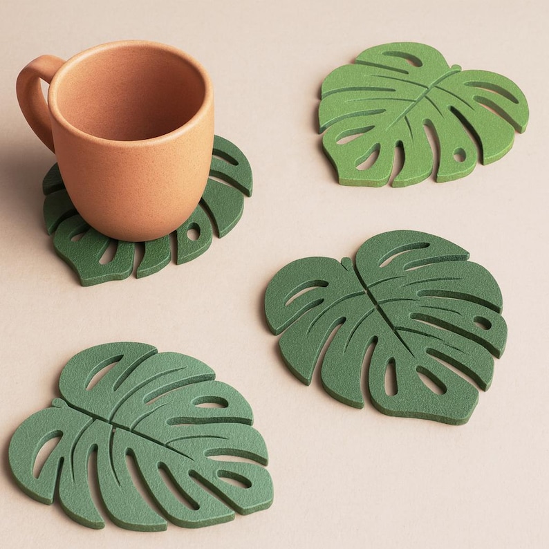 Posavasos con forma de hoja de Monstera, archivo STL para decoración tropical del hogar, posavasos ecológicos, ideal como regalo para amantes de las plantas, descarga digital 3D STL imagen 1