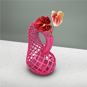 Könnte beinhalten: Eine rosafarbene, geometrische Vase aus 3D-Druck mit einem einzigartigen, gedrehten Design. Die Vase ist mit zwei rosa und roten Blumen gefüllt.