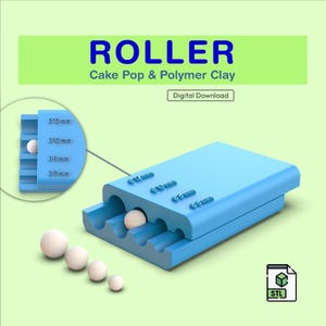 May include: A blue 3D printed roller for making cake pops and polymer clay. The roller has four different sized holes for making different sized balls. The roller is a digital download file in STL format.
