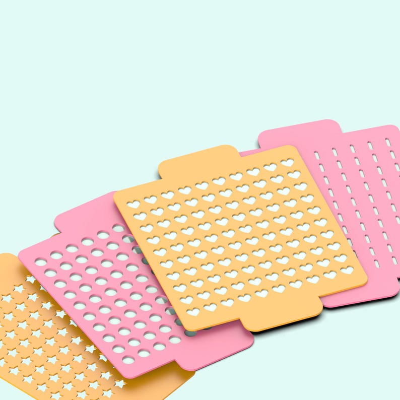 May include: Five colorful sheets of paper with different patterns of holes. The sheets are stacked on top of each other, with the top sheet being orange and the bottom sheet being pink. The holes are in the shape of circles, hearts, and stars.