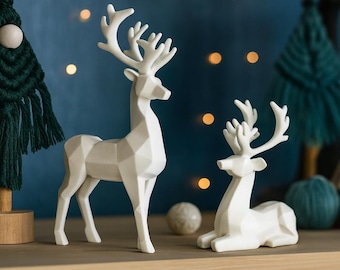 Low Poly Deer Set: 2 pcs. | Christmas Reindeer Figurines | Nordic Style Doe Holiday Tabletop Decor | 3D STL File - Digital Download