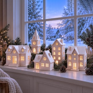 Puede incluir: Un conjunto de cinco casas luminarias de cerámica blanca con ventanas y puertas recortadas, iluminadas desde el interior por una luz cálida. Las estructuras están dispuestas sobre un alféizar blanco, rodeadas de ramas de pino y piñas.