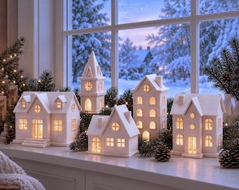May include: A collection of five white ceramic house-shaped luminaries with cut-out windows and doors, illuminated from within by warm light. The structures are arranged on a white windowsill, surrounded by green pine branches and pinecones.