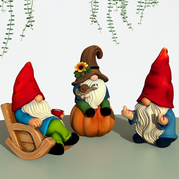 Garden Gnome Figures, 3 pcs. Spring Gnomes, Rocking Chair, Pumpkin & Funny Gesture Design, for Garden, Shelf, Patio, 3D STL Digital Download