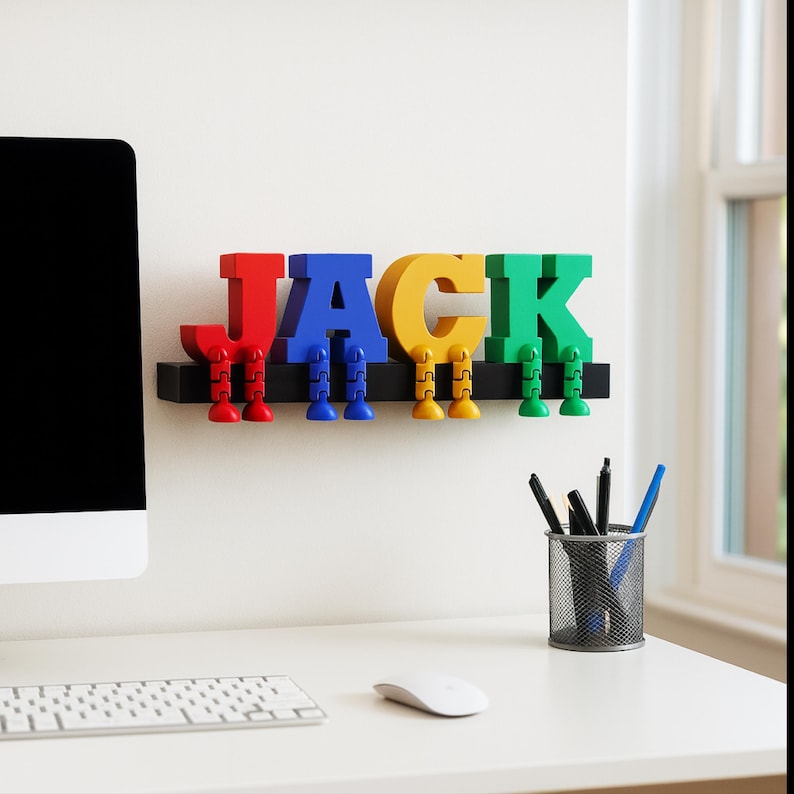 May include: A colorful wall-mounted name sign spelling "JACK". The letters are red, blue, yellow, and green, each with matching legs. The sign is mounted on a black shelf, perfect for a child's room or playroom.