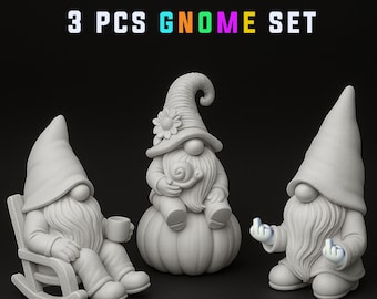 Garden Gnome Figures, 3 pcs. Spring Gnomes, Rocking Chair, Pumpkin & Funny Gesture Design, for Garden, Shelf, 3D STL Digital Download