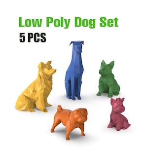 May include: Low Poly Dog Set 5 PCS. A set of five low poly dog figurines. The dogs are in various poses and are made of different colors: yellow, blue, green, orange, and pink. 3D Low Polygonal Dog Set, French Bulldog; Doberman; Collie; Pug; Yorkshire Terrier, 3D Home Decor, Ready to Print, 3D STL Digital Download