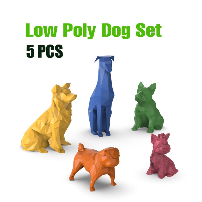 May include: Low Poly Dog Set 5 PCS. A set of five low poly dog figurines. The dogs are in various poses and are made of different colors: yellow, blue, green, orange, and pink. 3D Low Polygonal Dog Set, French Bulldog; Doberman; Collie; Pug; Yorkshire Terrier, 3D Home Decor, Ready to Print, 3D STL Digital Download