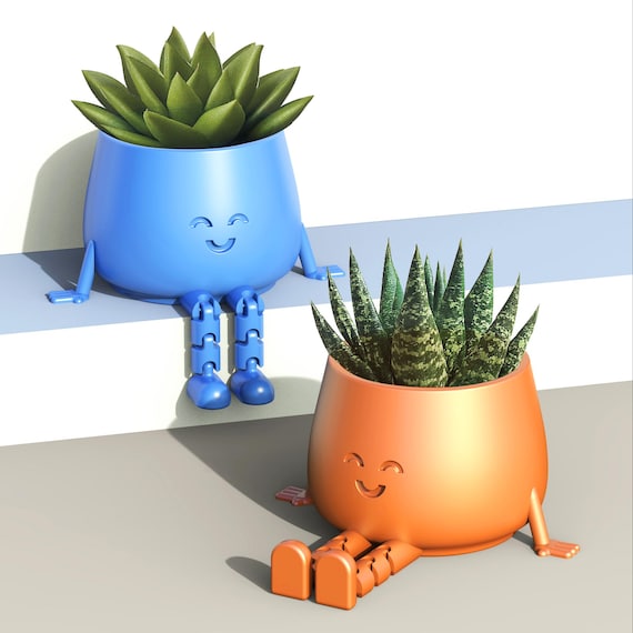 Flexible Legs Happy Face Planter, Articulated Smiley Face Plant Pot, Book Coffee Buddy, for Cactus - Succulent, 3D STL File Digital Download