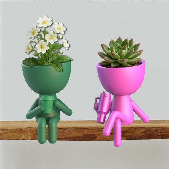 3D People Planter Set, Plant Buddy Planter, Coffee - Stanley Cup, Coffee Lover Planter, Cute Sitting Plant Pot, 3D STL File Digital Download