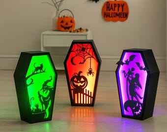 Halloween Candle Tea Light Holder Set | 3 Coffin Lantern: Witch, Pumpkin, Jack | Spooky Scene Lamp | 3D STL File | Digital Download