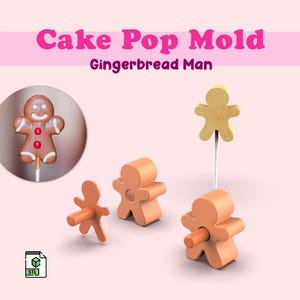 May include: A 3D printed gingerbread man cake pop mold. The mold is orange and has a hole in the center for a stick. The mold is shown next to a gingerbread man cake pop on a stick. The image also includes the text "Cake Pop Mold Gingerbread Man" and a file icon with the text "STL".