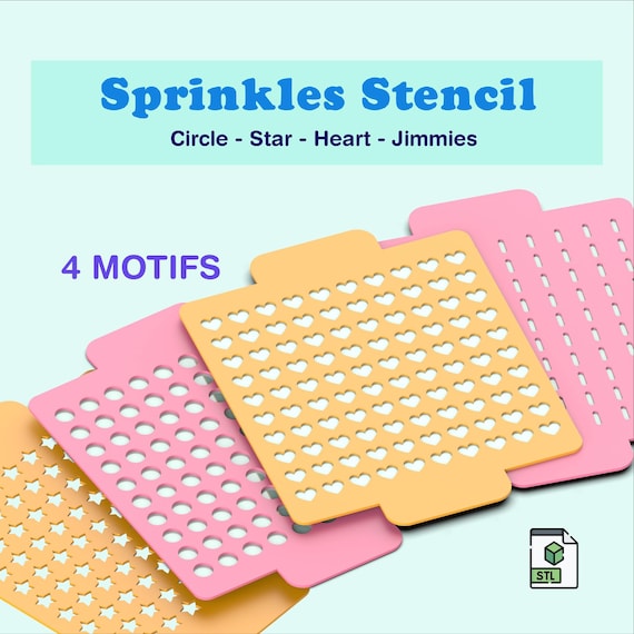 3D Sprinkles Stencil Set, 4 Motifs (Circle, Star, Heart, Jimmies) for Cake, Cookie - Fondant Decoration, Ready to P, 3D STL Digital Download