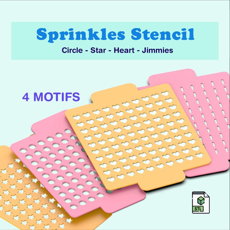 3D Sprinkles Stencil Set, 4 Motifs (Circle, Star, Heart, Jimmies) for Cake, Cookie - Fondant Decoration, Ready to P, 3D STL Digital Download