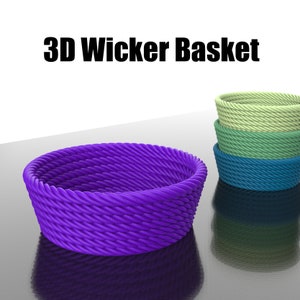 May include: A set of four 3D printed wicker baskets in different colours. The baskets are made of a woven material and have a round shape. The baskets are stacked on top of each other, with the largest basket at the bottom and the smallest basket at the top. The baskets are all made of a different colour, with the bottom basket being purple, the next basket being blue, the next basket being green, and the top basket being a light yellow.
