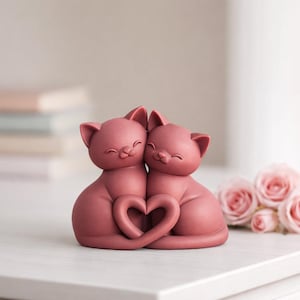 May include: A pair of pink cat figurines, seated side-by-side, forming a heart shape with their tails. The cats have smiling faces and are on a white surface. Pink roses are in the background.