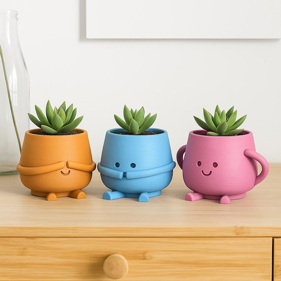 Happy Face Planter Set, 3D Happy Pot, See Hear Speak No Evil Themed, Book - Coffee Buddy, Cute Smiley, Small Plants, 3D STL Digital Download