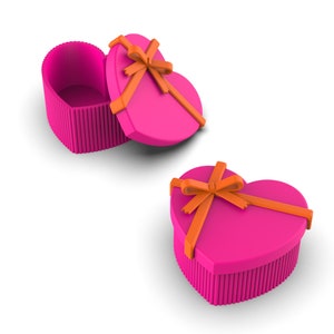 May include: Two pink heart-shaped boxes with orange ribbon bows. One box is open and the other is closed.