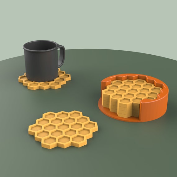 Honeycomb Coaster Set, 4. pcs with Holder, Honey - Bee Theme Coaster, Home Decor, Special Gift, Ready to Print, 3D STL File Digital Download