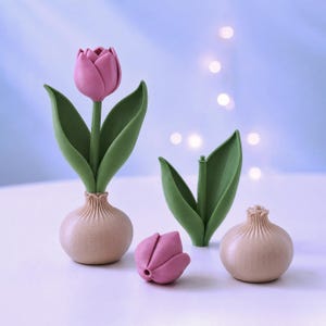 Op de afbeelding: Een verzameling decoratieve tulpenbeelden in verschillende bloeistadia. De beelden tonen een roze bloem, groene bladeren en beige, bolvormige bases. De achtergrond is zachtblauw met bokeh-lichten.