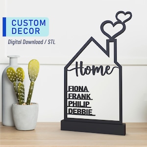 Könnte beinhalten: Schwarze Silhouette eines Hauses mit einem Schornstein und zwei Herzen oben. Das Wort "Home" ist in das Haus geschrieben. Unter dem Haus stehen die Namen Fiona, Frank, Philip und Debbie.