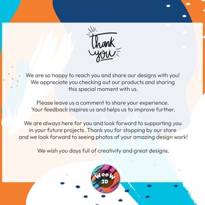 Puede incluir: Un mensaje de agradecimiento con un fondo colorido y el texto "gracias". El mensaje expresa gratitud a los clientes y los anima a dejar comentarios. El texto tambi&eacute;n menciona el nombre de la empresa "Woow 3D".