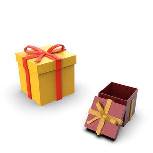 May include: A yellow gift box with a red ribbon and a burgundy gift box with a gold ribbon. The burgundy gift box is open and the lid is laying next to the box. Gift Box Model, Gift Box 3D, Cute Surprise Box, Birthday Gift Idea, Organiser Home Decoration, Ready to Print, 3D STL File Digital Download