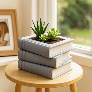 May include: A grey book-shaped planter, composed of three stacked book forms. The top book contains soil and several green succulents. The planter is on a small wooden stool, with a framed photo in the background.