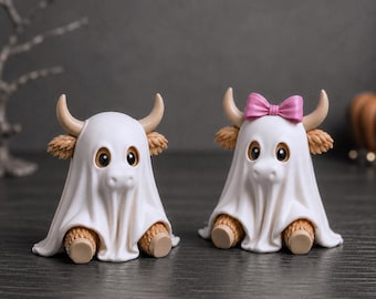 Conjunto de figuras de vaca escocesa fantasma / Arco y fantasma clásico / Chibi - Decoración kawaii de Halloween / Archivos 3D 3MF y STL - Descarga digital