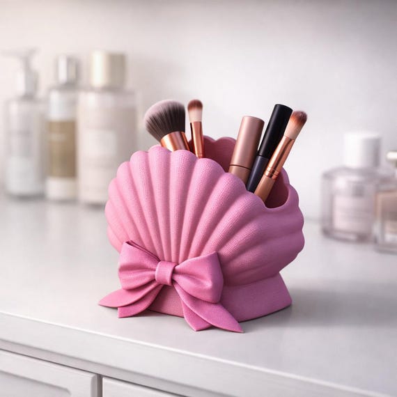 Muschel Make-up Organizer | Ribbon Bow Detail Kosmetik Pinsel Halter | Elegante Eitelkeit Schreibtisch Dekor | 3D STL Datei - Digital Download
