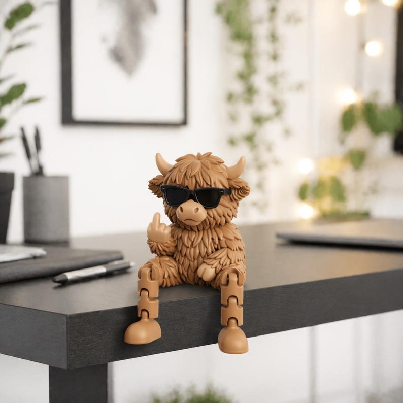 May include: A brown Highland cow figurine wearing black sunglasses and giving the middle finger. The figurine has articulated legs and is sitting on a dark surface. The cow has a shaggy coat and small horns.