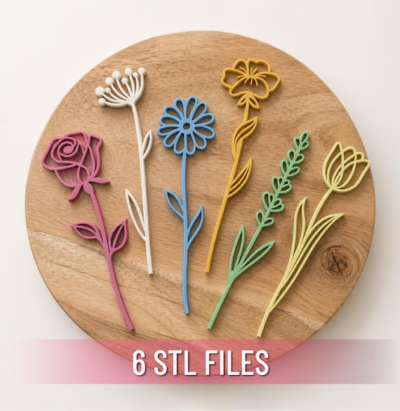 Minimal Floral Bouquet Decor - 6 Pcs Bundle | Botanical Line Art Flower Set - Elegant Home Decor | 3D STL File - Digital Download