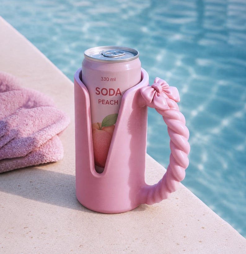 May include: A light pink beverage holder with a twisted handle and a decorative bow, containing a 330 ml soda can labeled SODA PEACH with a peach illustration. The holder features a vertical cutout design and a smooth, matte finish.