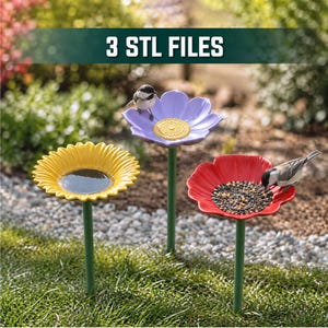 May include: Three flower-shaped bird feeders on green stakes, including a yellow sunflower, a purple daisy, and a red poppy. The text 3 STL FILES is displayed at the top. Small birds are perched on the purple and red flower feeders.