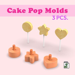 Pode incluir: Tr&ecirc;s moldes de cake pop laranja em formas de c&iacute;rculo, estrela e cora&ccedil;&atilde;o, acompanhados por tr&ecirc;s cake pops correspondentes em palitos brancos. O texto Cake Pop Molds 3 PCS. &eacute; exibido no topo e um &iacute;cone de arquivo STL est&aacute; no canto.